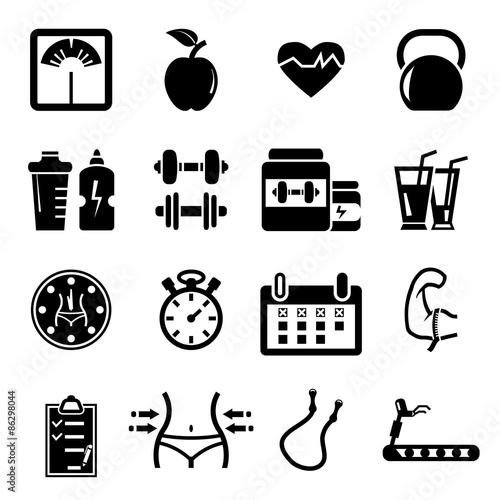 Vector black Fitness and Health icons set.sport on white background