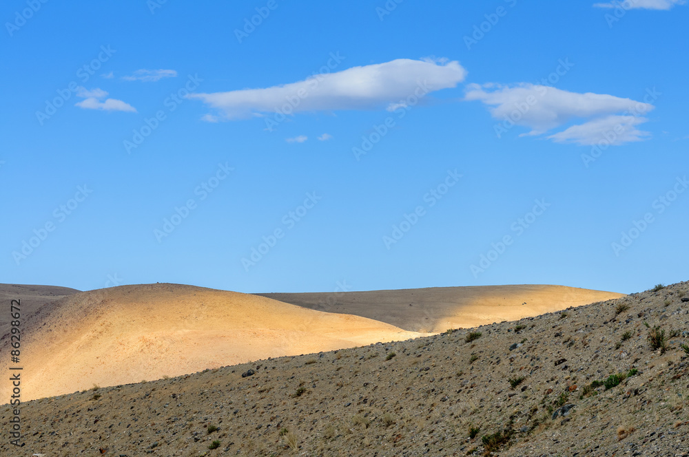 Bright light pattern on hillside in Altai mountains in summer