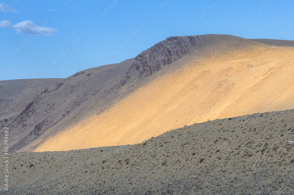 Bright light pattern on hillside in Altai mountains in summer