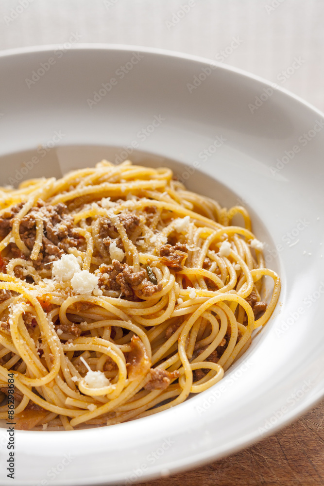 Spaghetti Bolognese in a white bowl