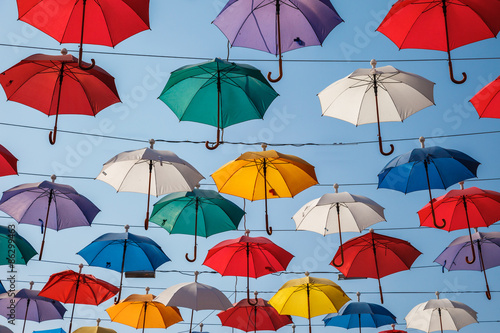 Creative decorative background from color umbrella above the street in Antalya  Turkey