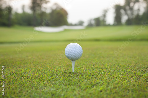 Golf ball on tee with defocused background