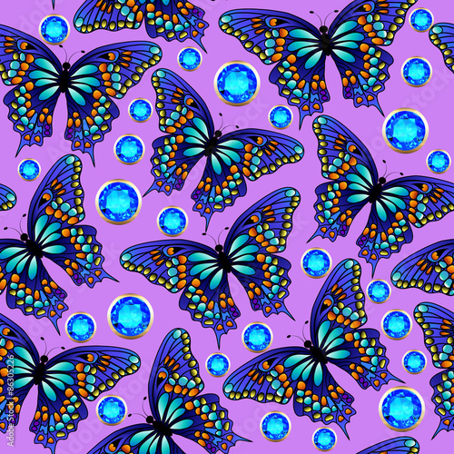 seamless background with butterflies and jewels