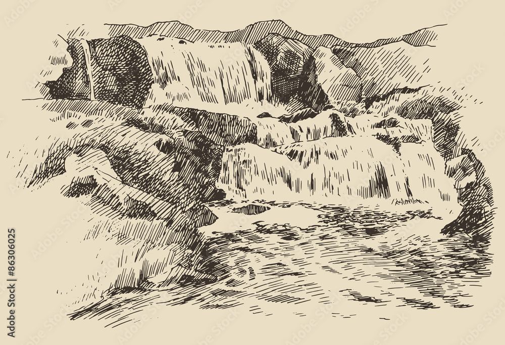 Fototapeta premium Waterfall landscape vintage engraving illustration