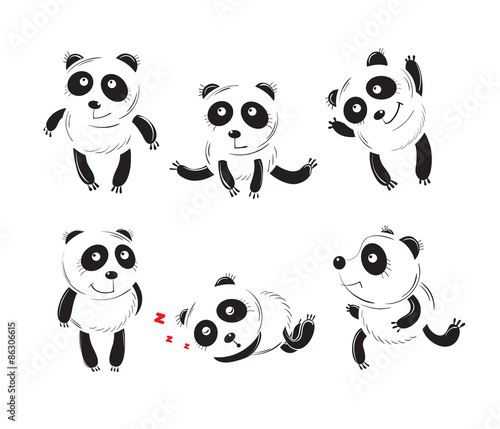 Fototapeta Naklejka Na Ścianę i Meble -  Set with six cartoon lovely pandas in different poses, planimetric graphics, the sketch.