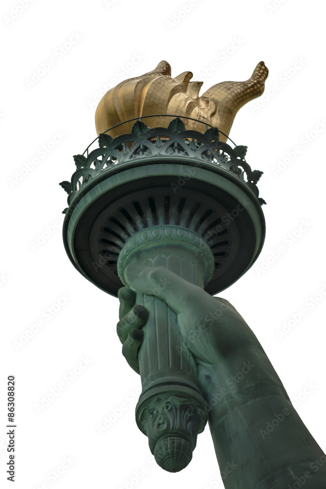 Fototapeta premium Closeup of the torch of the Statue of Liberty isolated on white background