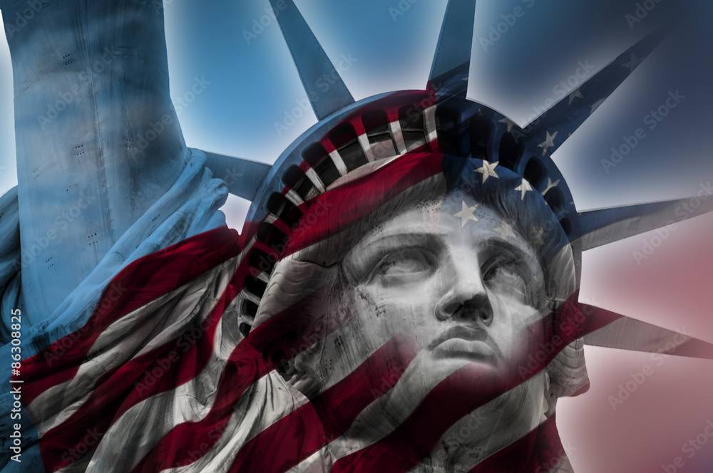 Double exposure image of the Statue of Liberty and the American flag
