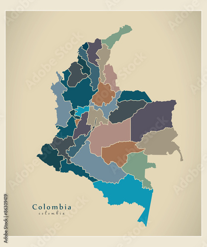 Modern Map - Colombia with departments colored CO