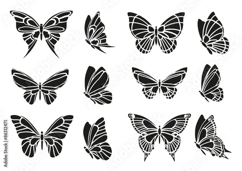 Set of black butterflies stencils photo