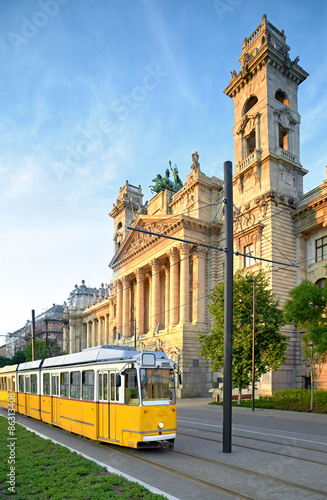Historical tram passes Museum of Ethnography in Budapest