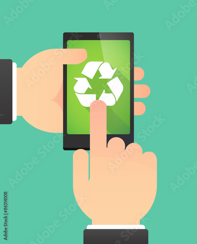 Man's hands using a phone showing a  recycle sign