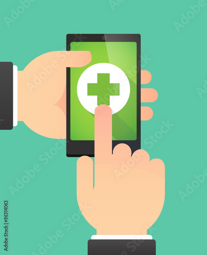 Man's hands using a phone showing a pharmacy sign