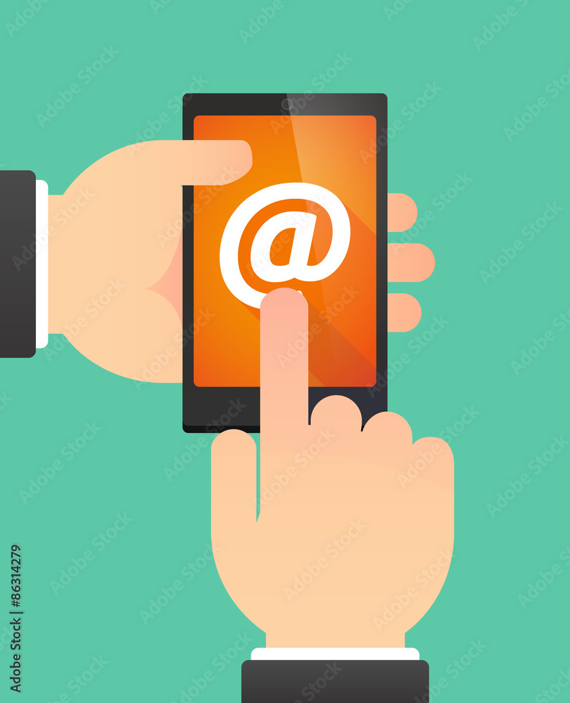 Man's hands using a phone showing an at sign Man's hands using a phone showing an at sign