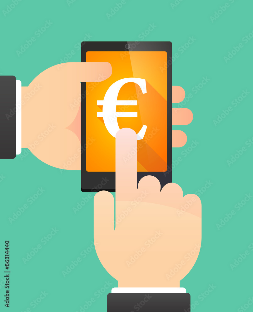 Man's hands using a phone showing an euro sign Man's hands using a phone showing an euro sign
