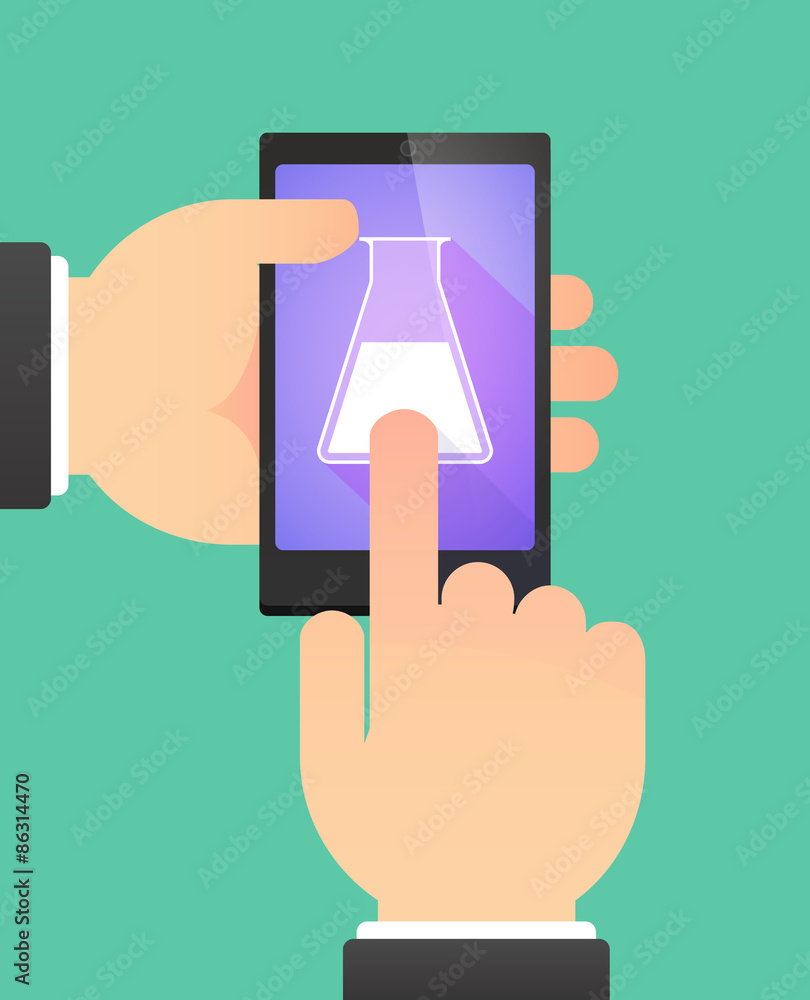 Man's hands using a phone showing a chemical test tube Man's hands using a phone showing a chemical test tube