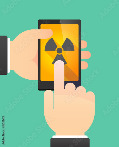 Man's hands using a phone showing a radio activity sign