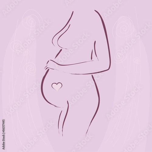 Pregnant woman, stylized vector. Heart and stylized flowers. Pink background.