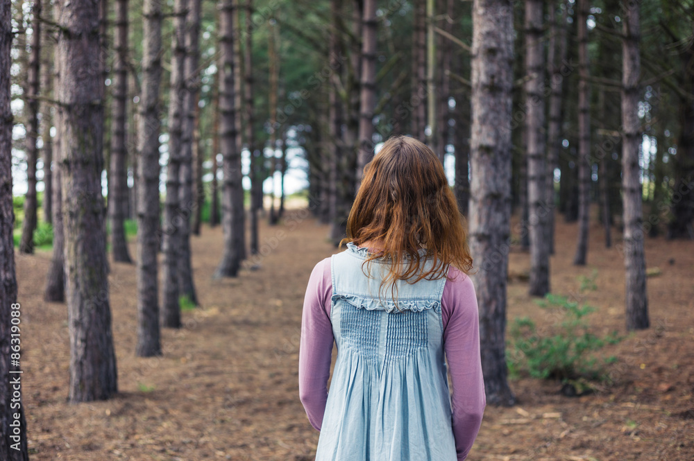 Woman standing in forest and looking at trees Woman standing in forest and looking at trees