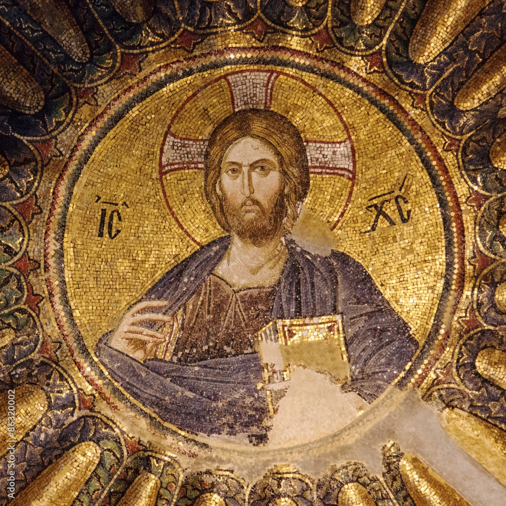 Mosaic of Christ Pantocrator in the south dome of the inner narthex of Chora church, Istanbul, Turkey. - obrazy, fototapety, plakaty 