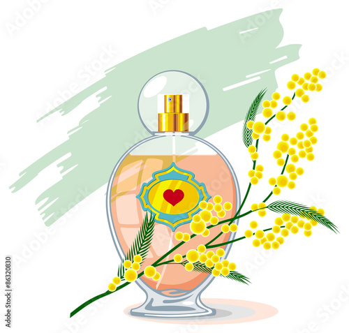 Bottle of perfume and branch of mimosa isolated on a white background