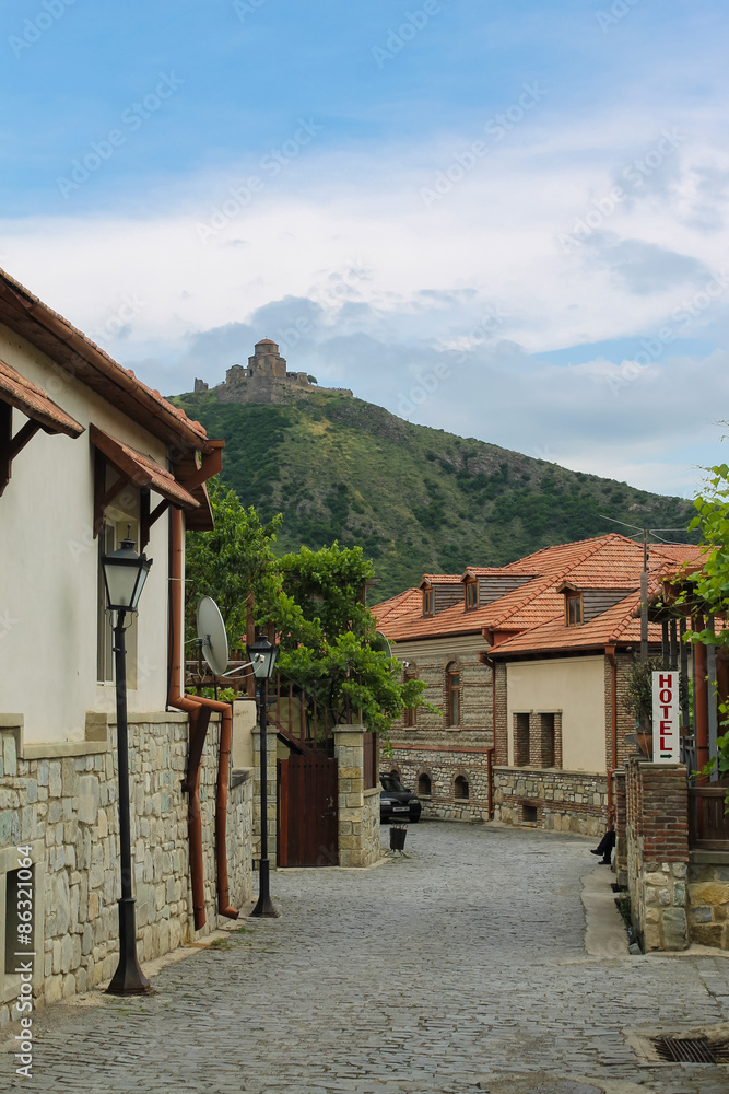 Mtskheta street with views of the Jvari Monastery