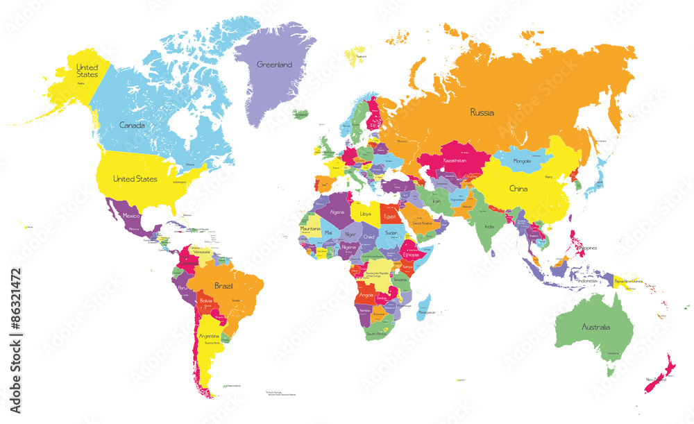 Plakat Kolorowa Polityczna Mapa wiata Z Nazwami Kraj w I Stolicami Plakat Kolorowa Polityczna Mapa wiata Z Nazwami Kraj w I Stolicami
