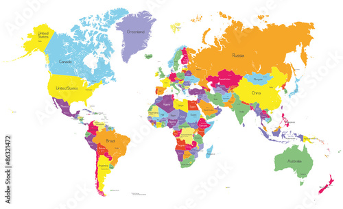 Colored political world map with country names and capital cities