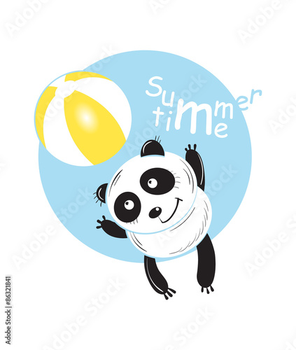Fototapeta Naklejka Na Ścianę i Meble -  Card with a panda playing a beach ball. Summertime, inscription.