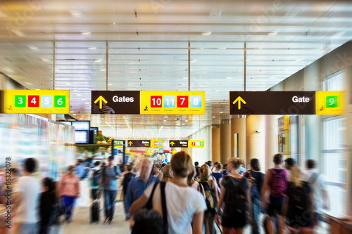 Airport terminal with people hurrieng to the gates