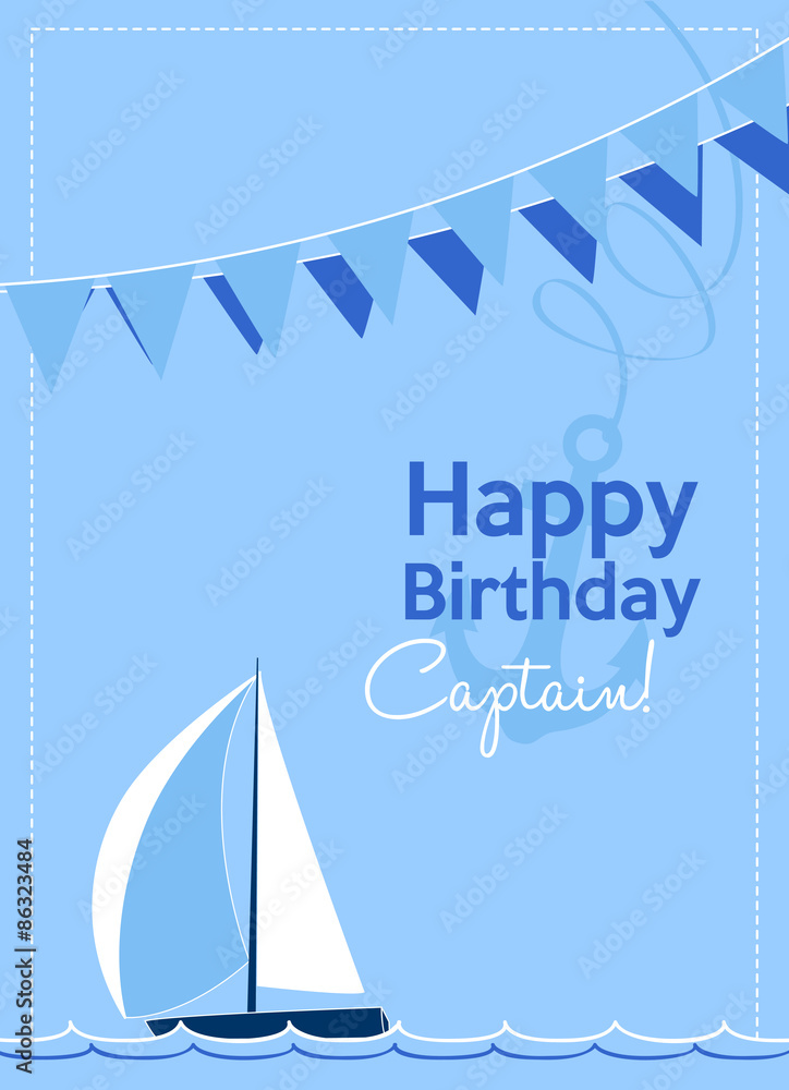 happy birthday captain, card with sailing boat and bunting on blue