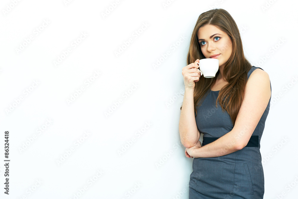 Business woman drink coffee. White background. Business woman drink coffee. White background.