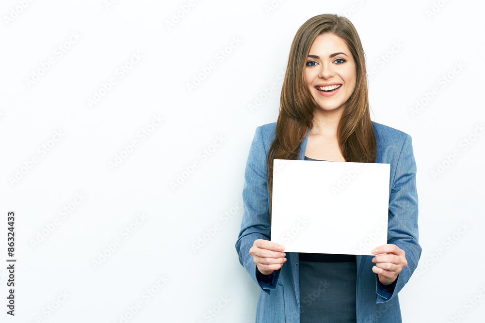 business woman isolated portrait with white blank card. business woman isolated portrait with white blank card.