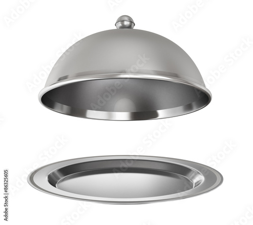 Restaurant cloche with open lid on a white background. photo