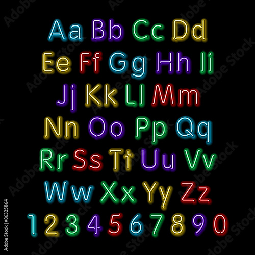 Neon glow alphabet. Vector. design  party  retro  3d  art  font 