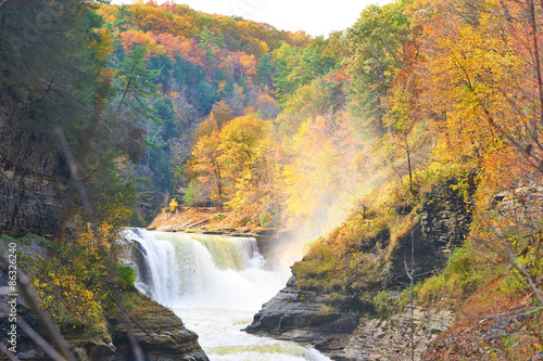 Autumn scene of waterfalls and gorge