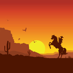 Keuken achterwand Bruin Wild west american desert landscape with cowboy on horse  © GeraKTV