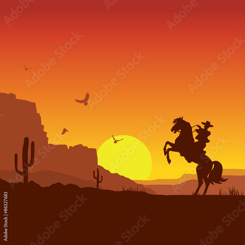 Wild west american desert landscape with cowboy on horse