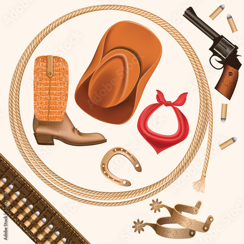 set of wild west cowboy objects isolated on white