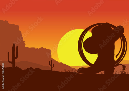 Wild west american desert landscape with cowboy boot and lasso