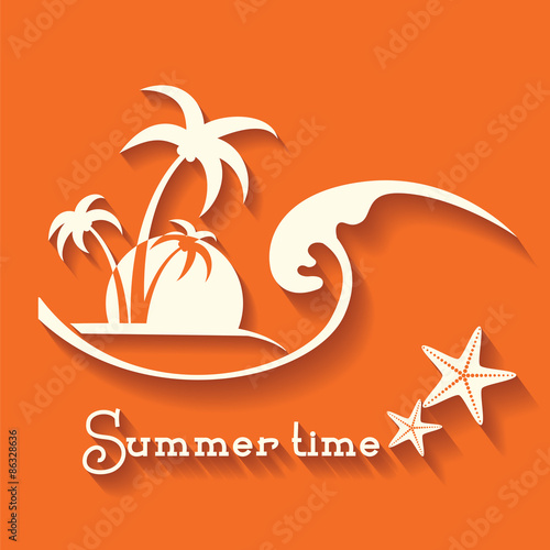 Summer time image with sea wave and tropical palm trees