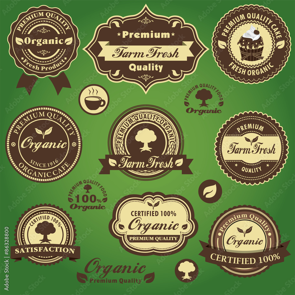 Vintage farm fresh organic label design set with cake, coffee