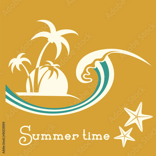 Summer time illustration with sea wave and tropical palm trees