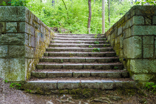 Old stairs in park covered with moss from dampness.