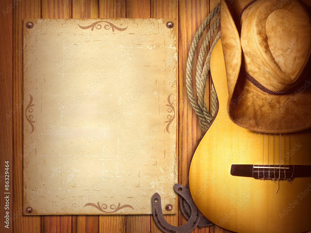 Naklejka premium American Country music poster.Wood background with guitar