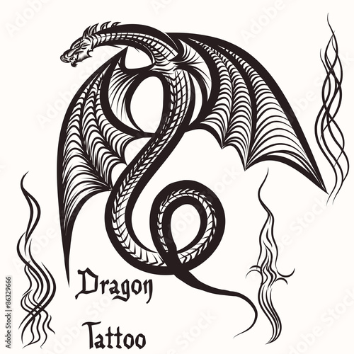 Hand drawn tattoo with engraved dragon photo