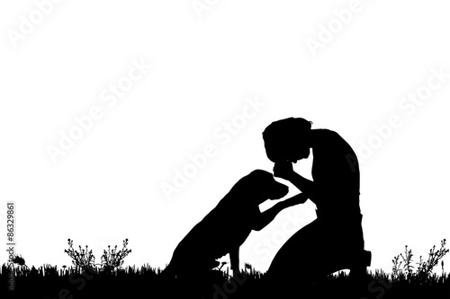 Vector silhouette of a woman with a dog.