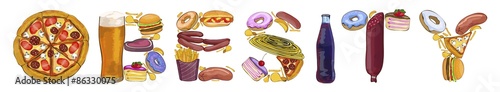 Obesity. A word from harmful food. Vector illustration