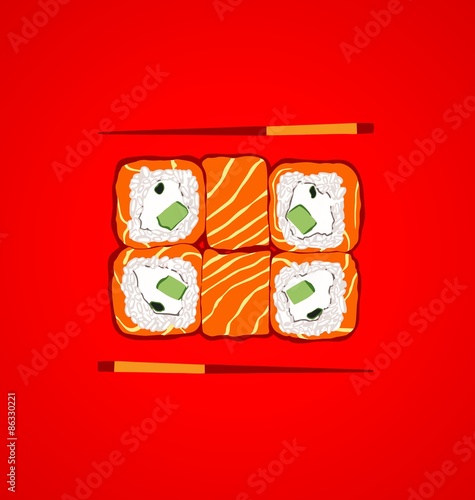 Six pieces of sushi with chopsticks on a red background