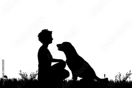 Vector silhouette of a woman with a dog.