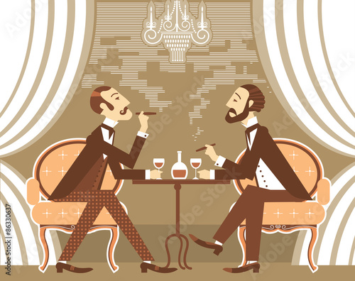 Vector gentlemen in tobacco smoke in club